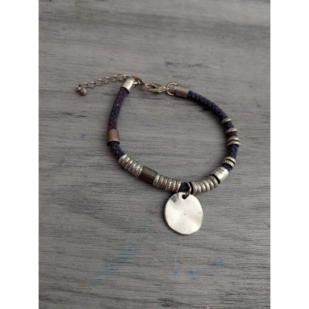 Boho Mixed Metal Cord Charm Bracelet Silver Bronze Tone Disc Pendant Adjustable